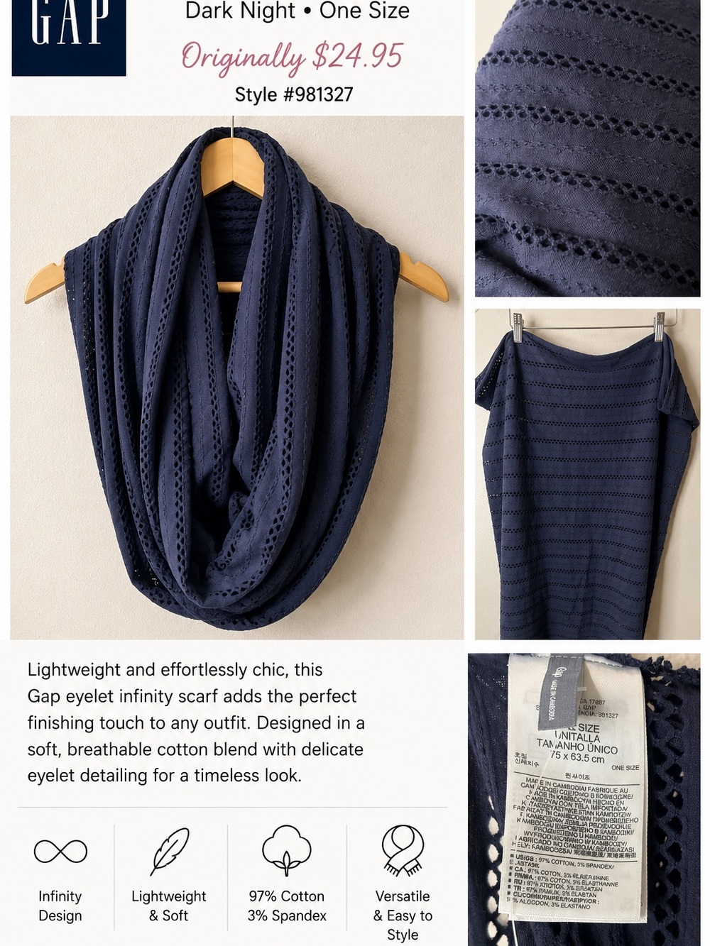 Gap Eyelet Infinity Scarf Dark Night Navy One Size Cotton Blend
